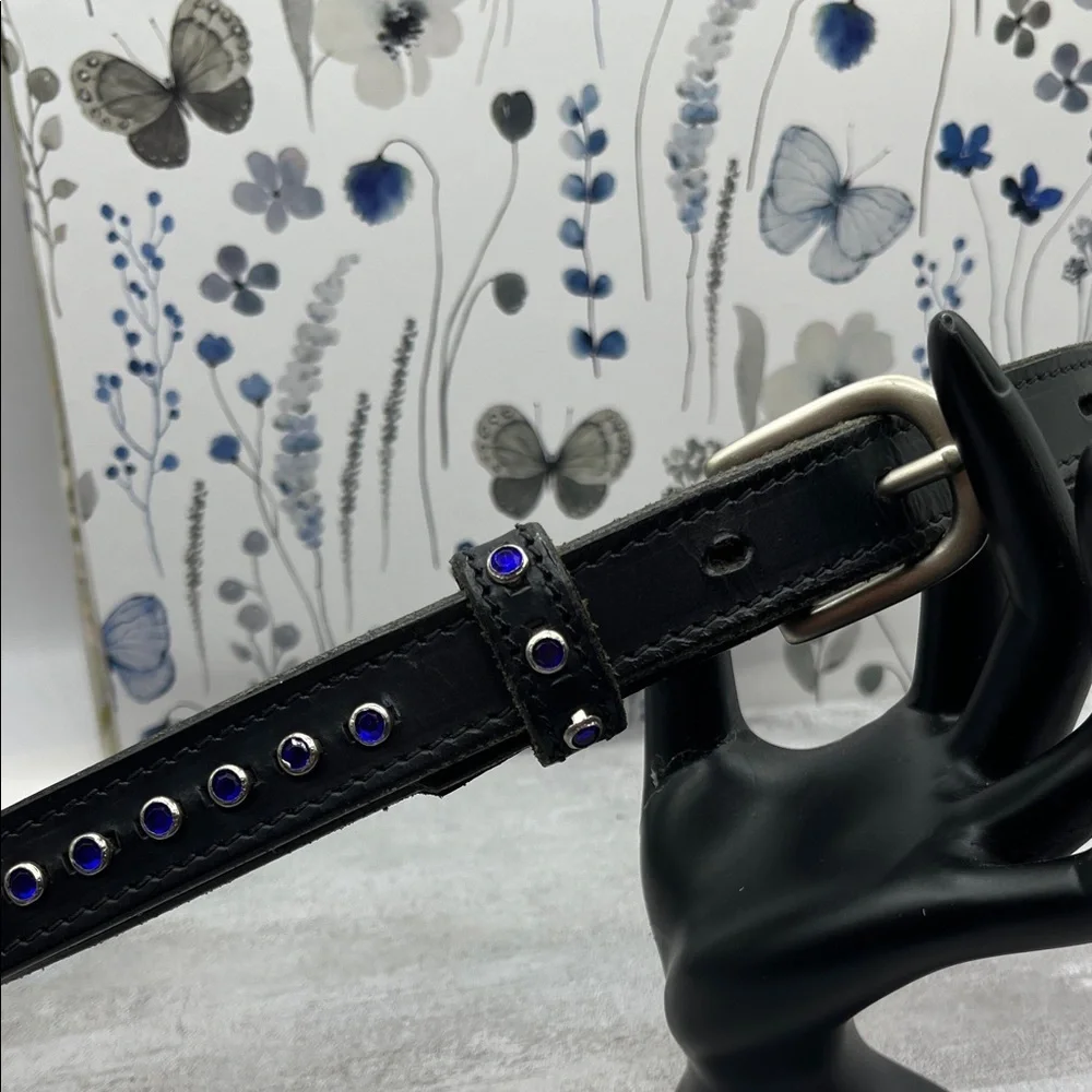 Black Leather Belt with Cobalt  Blue Accents Rhinestone Silver Tone Size 28